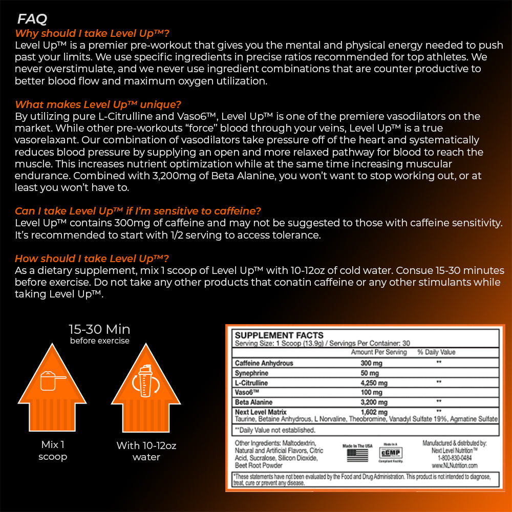 Level Up Pre Workout | Increase Intensity & Focus | 30 Servings