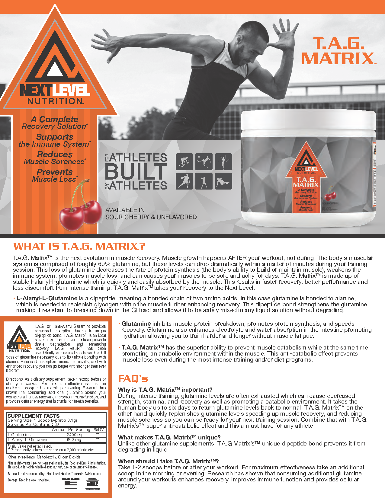 T.A.G. Matrix | Glutamine Intra Workout Amino Recovery Powder | 30 Servings